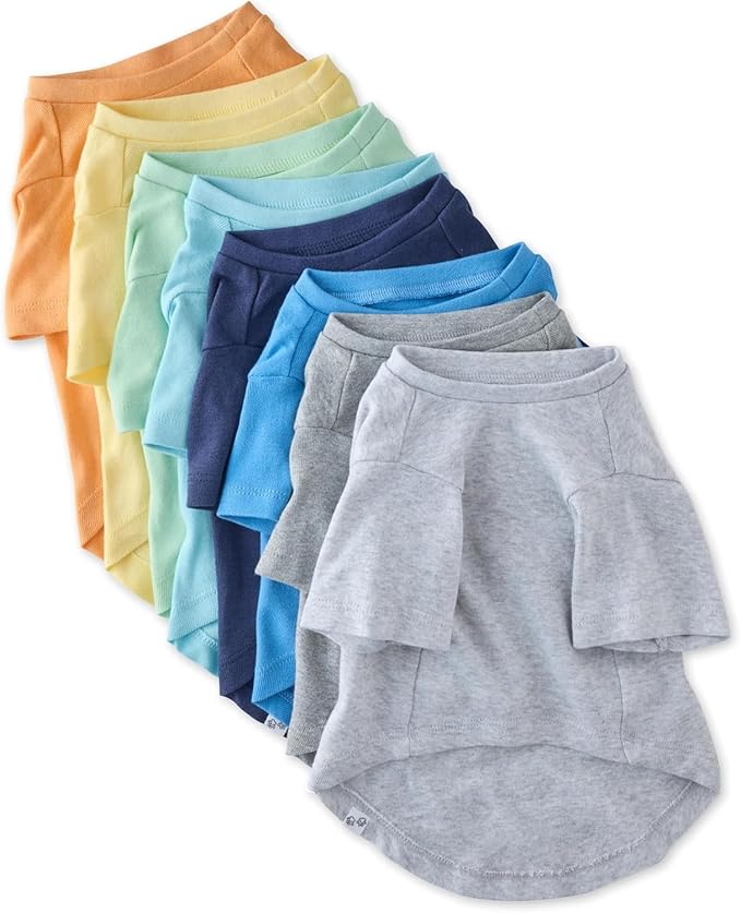 Toby II - The Perfect Tee, 8 Pack Short Sleeve Pet T-Shirt 100% Organic Cotton Tees Clothes for Small, Medium, Large Dogs, Rainbow Blue, Small