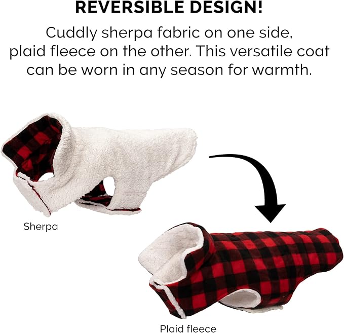Furhaven Reversible XS Dog Coat, Washable & Insulating w/ Leash Access - Sherpa & Plaid Fleece Flex-Fit Jacket - Cream/Red, Extra Small