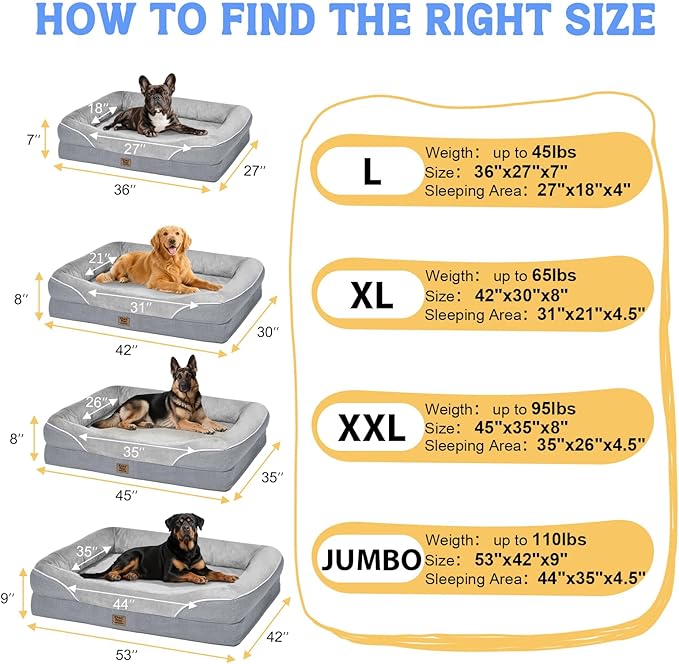 Orthopedic Washable Large Dog Bed - Egg Foam Dog Beds for Large and Medium Dogs Big Pet Beds with Removable Washable Cover and Bolster for Extra Large Dogs