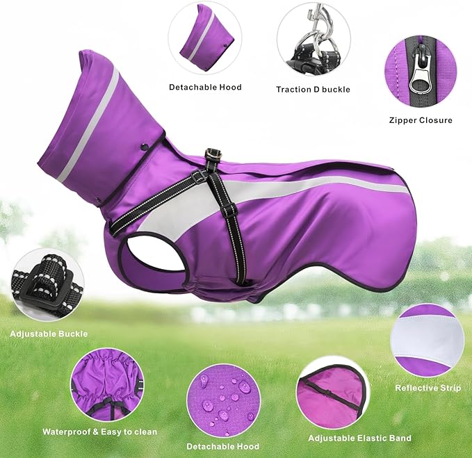 Mosucoirl Dog Raincoat Waterproof Raincoats for Dog Reflective Dogs Rain Jackets with Hood Hoodie Pet Rain Poncho Coat for Small Medium Large Dogs Puppies S-XXL (Purple, L)