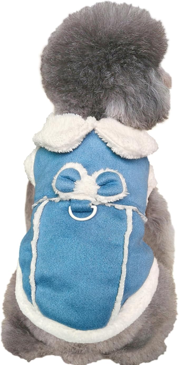 Jecikelon Bowtie Dog Cold Weather Coat Fleece Lining Warm Pet Puppy Turtleneck Dogs Winter Clothes for Small Dogs with D-Ring (Blue, Medium)