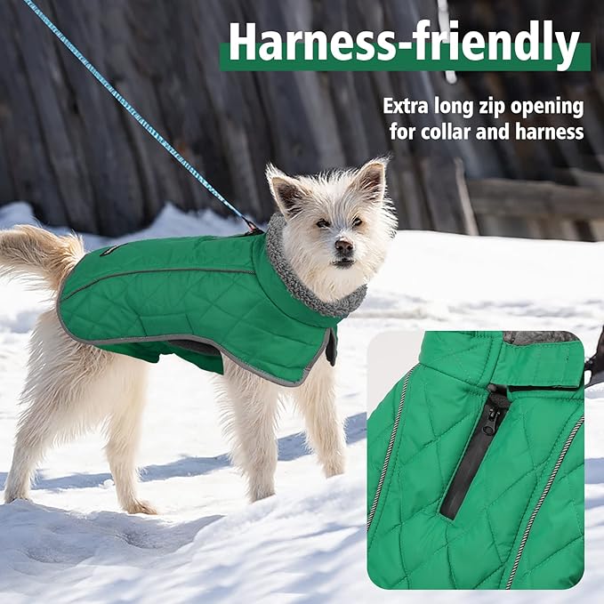 Fragralley Dog Coat Large, Waterproof Dog Jacket with Warm Fleece Lining, Adjustable Reflective Dogs Winter Coat, Turtleneck Pet Coats for Cold Weather (Green XXXL)