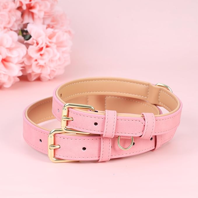 Leather Dog Collar for Small Medium Large Dogs, Soft Padded Dog Leather Collar with Heavy Duty Gold Buckle, Durable & Comfortable for Small Dogs Daily Walking (Pink, S)