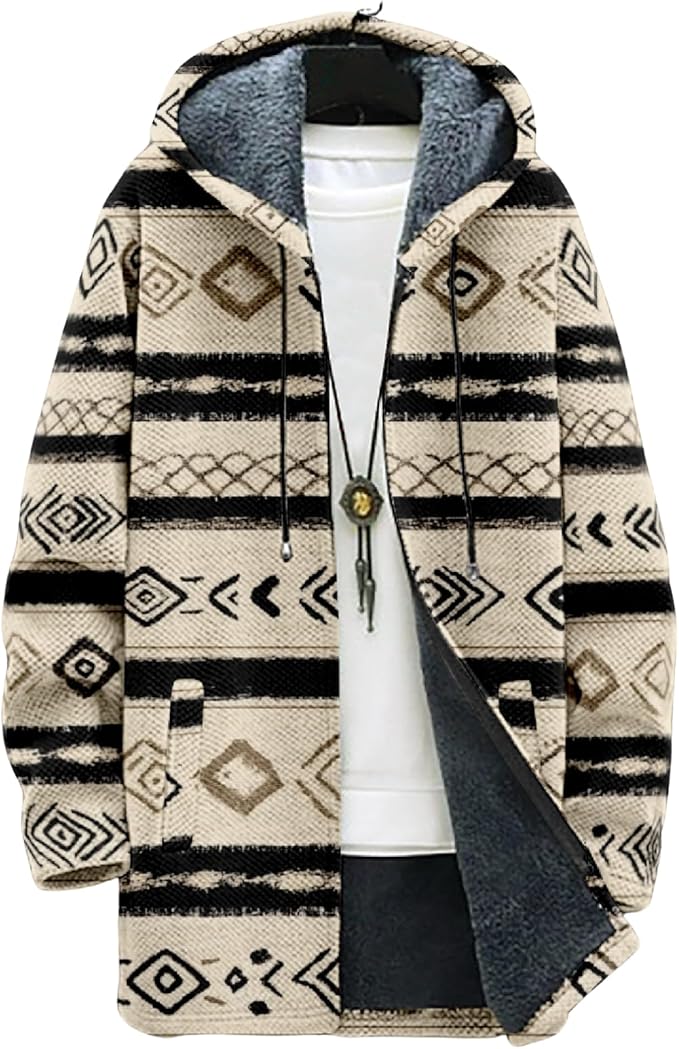 Mens Aztec Print Hoodie Heavyweight Cotton Fleece Jacket Zip Up Warm Long Sleeve Hooded Winter Midi Coat