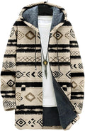 Mens Aztec Print Hoodie Heavyweight Cotton Fleece Jacket Zip Up Warm Long Sleeve Hooded Winter Midi Coat