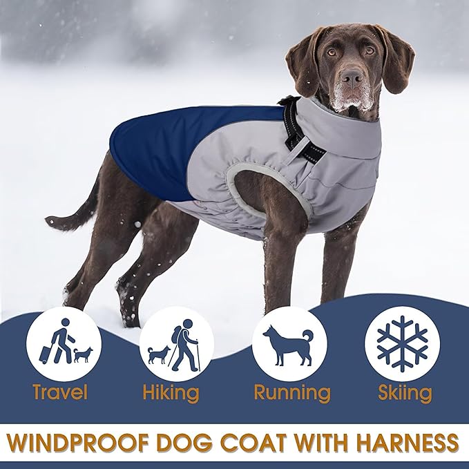 Dog Coats for Large Dogs,Winter Waterproof Jacket with Collar Built in,XXL Dog Coat for Cold Weather Warm Snow Jacket with Thermal Fleece Lining,Reflective Pet Snowsuit Large,Blue,2XL