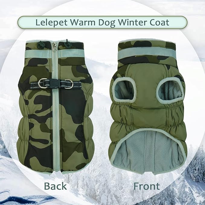 LeLePet Dog Coat, Windproof Camo Cold Weather Coat, Fleece Lined, Reflective, Adjustable, Turtleneck, Size S