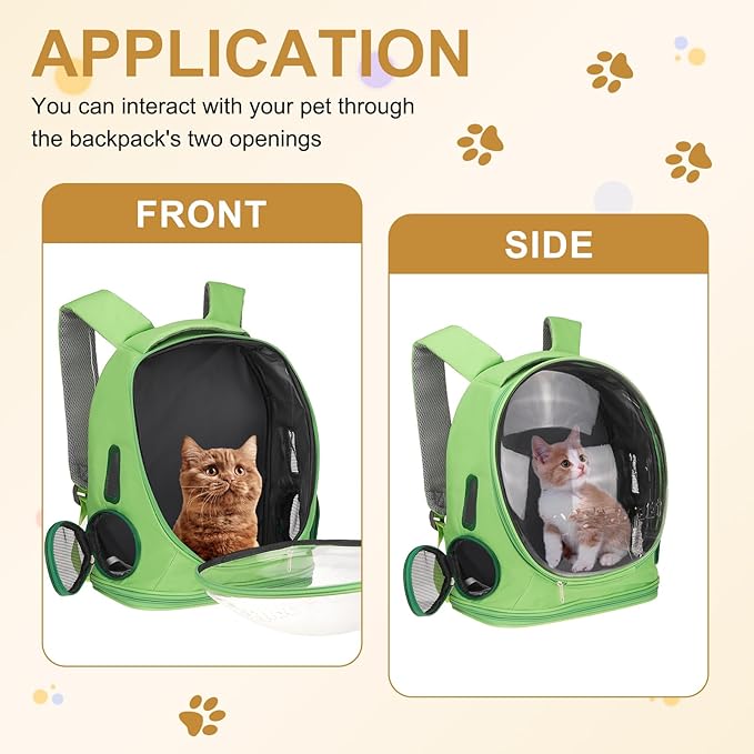 Pet Backpack Carrier, Portable and Ventilated, Oxford Cloth, Dog Cat Travel Bag with Transparent Cover 12.99", (Green, 1 Pcs), Intended for Hiking/Camping/Traveling
