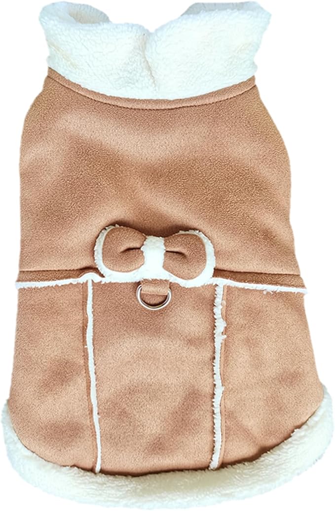 Jecikelon Bowtie Dog Cold Weather Coat Fleece Lining Warm Pet Puppy Turtleneck Dogs Winter Clothes for Small Dogs with D-Ring (Khaki, X-Large)