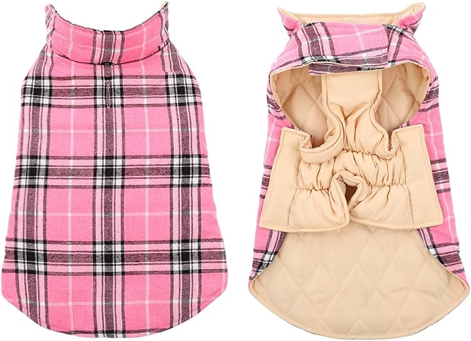 MIGOHI Reversible Dog Coat, Windproof & Waterproof Jacket for Cold Weather, British Style Plaid, Warm Vest with Harness Hole, Pink, 2XL