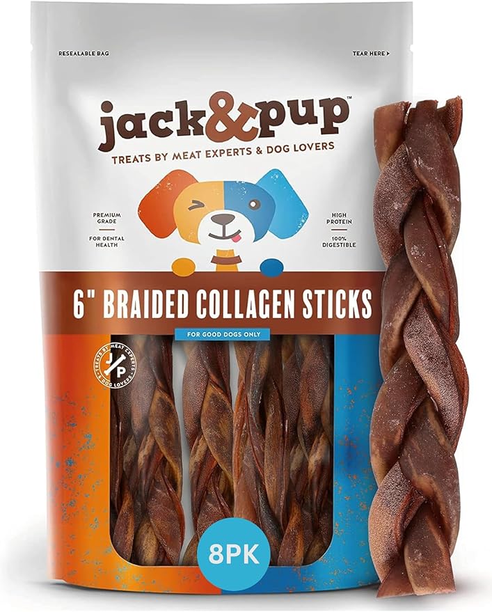 Jack&Pup 6 inch Braided Beef Collagen Sticks, Rawhide Free, Long Lasting Dog Chews, Healthy Single Ingredient Treats for Medium Dogs, Bully Stick Alternative, Collagen Chew for Dogs. 8pk