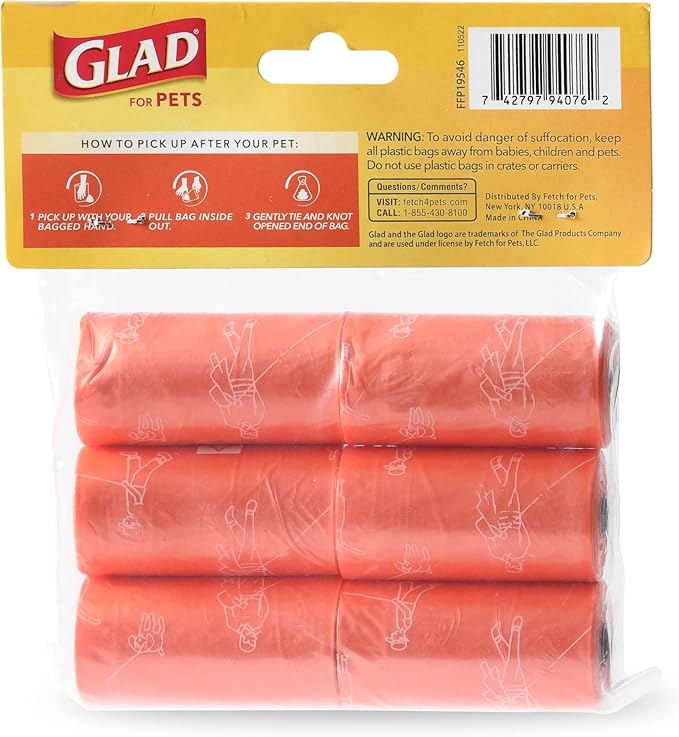 GLAD for Pets Large Dog Waste Bags, Scented, Tear-Resistant, 6 Rolls | Heavy Duty Dog Poop Bags for Fast and Easy Dog Waste Cleanup | 6 Rolls Waste Bags, 90 Bags Total (Pack of 2) FF19546