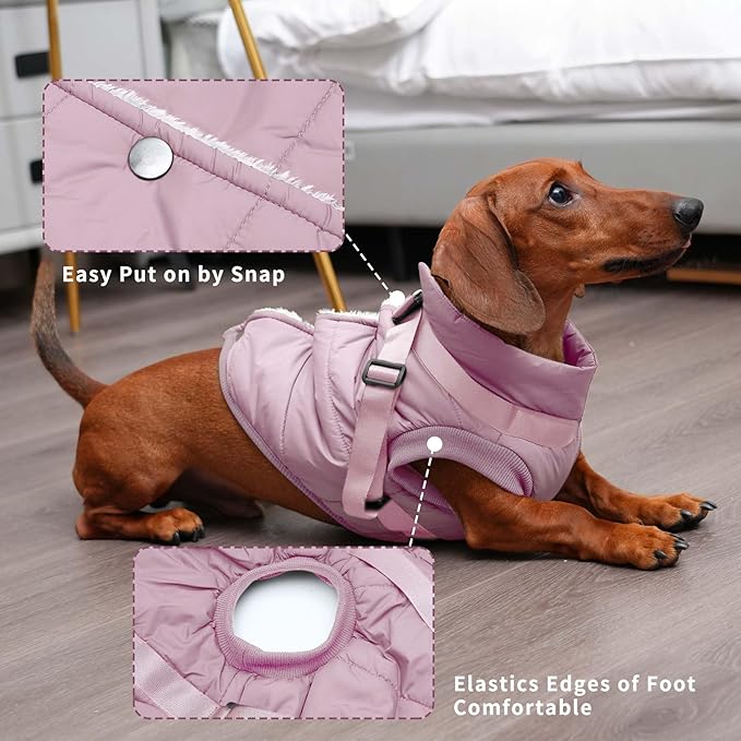 Dog Jacket with Harness,Fleece Lined Warm Puppy Coat for Winter,Soft Windproof Small Dog Vest,Light Pink M