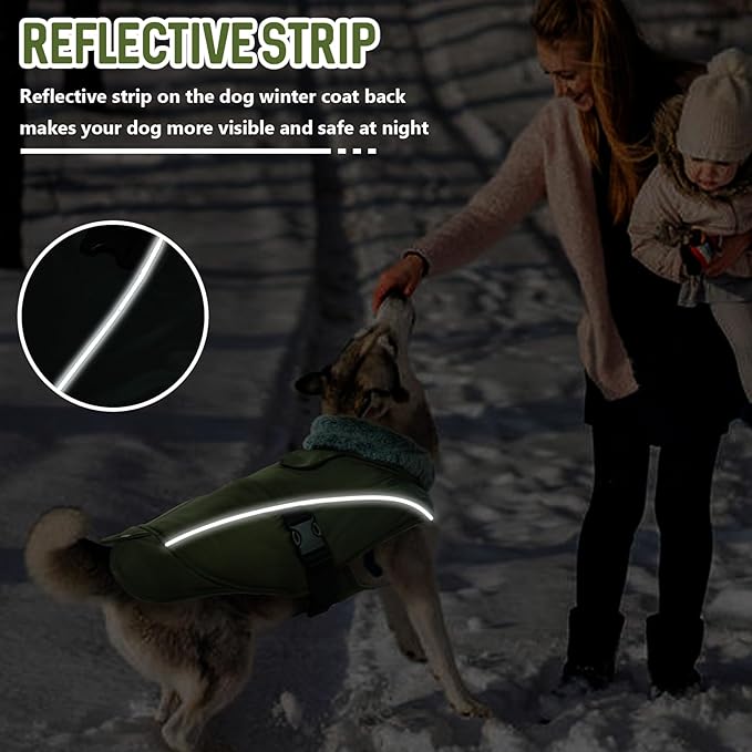 DENTRUN Medium Dog Winter Jacket - Warm Reflective Windproof Coat, Adjustable Neck & Snap Closure, Water Repellent Thick Fleece Vest, Fleece Lined for Beagle Pug, Army Green, M