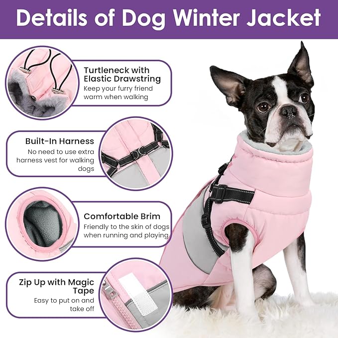 SUNFURA Dog Coat for Large Dogs, Warm Pet Jacket Winter with Harness Built in, Waterproof Pet Snow Jacket with Furry Collar, Reflective Fleece Snowsuit for Extra Large Dogs, Pink XL