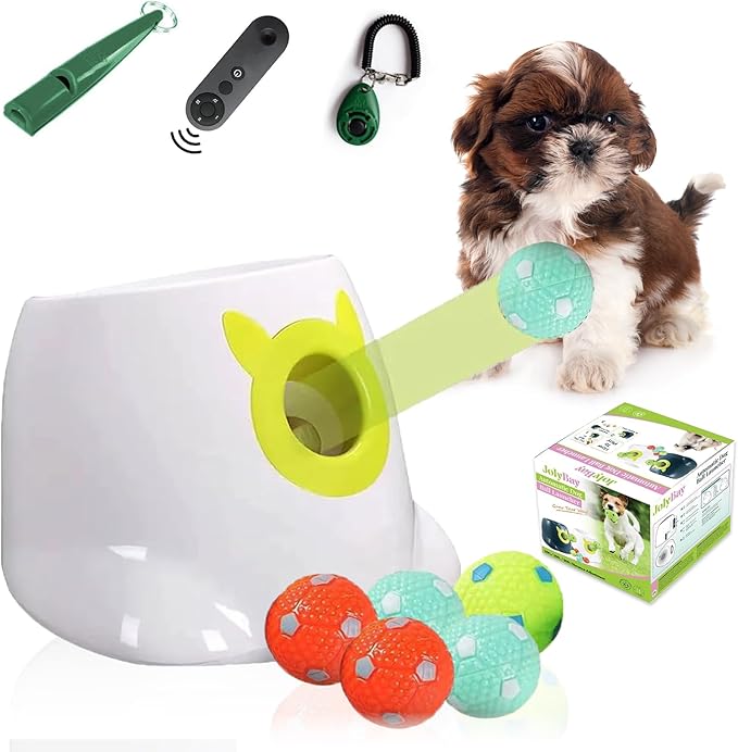 Auto Small Dog Ball Thrower for Small & Medium Dogs | Remote Control Launcher Toy with 6 Balls & Accessories – Indoor & Outdoor Use | Dual Power Options – Super White