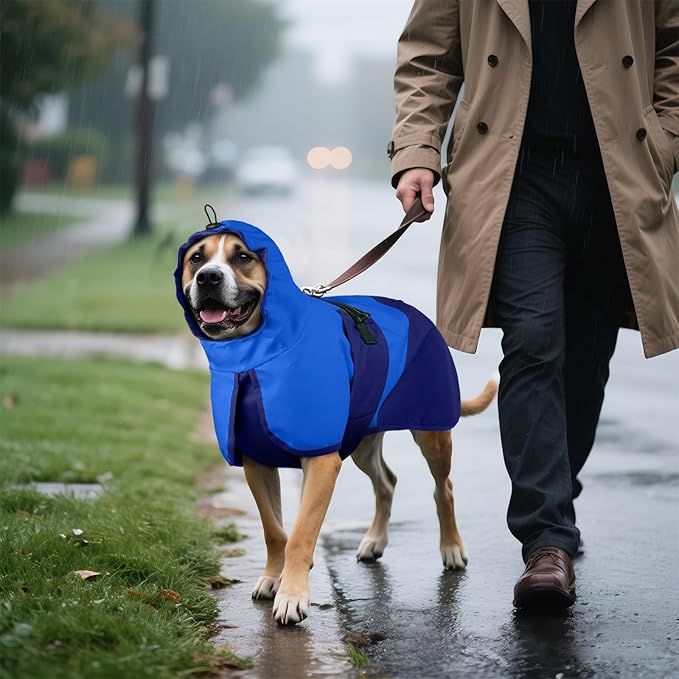 BRKURLEG Dog Raincoat Adjustable Dog Rain Jacket with Hood Dogs Waterproof Rainproof Jacket with Leash Hole Pet Poncho Rain Coat Poncho with Reflective Strip, Blue, XXXL