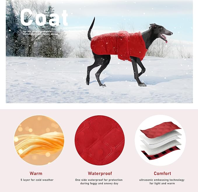 PAWZ Road Dog Winter Coat with 5 Layers Warm Material, Reversible Dog Clothes with 2 Sides, Dog Jacket Outdoor Water Repellent, (Red Plaid XS)