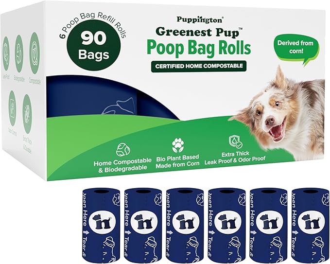 Puppington Certified Home Compostable Poop Bags - ASTM D6400 Compliant - 90 Extra Thick Bags - Plant Based - Pairs with Puppington 3-in-1 Bag & Fits all Standard Poop Bag Dispensers (Navy Blue)