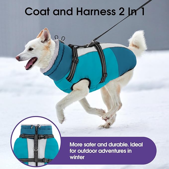 SUNFURA Dog Coat, Dog Jacket for Large Dogs with Harness Built in, Warm Pet Winter Coat Zip Up Snow Jacket with Furry Collar for Boston Terrier, French Bulldogs, Turquoise L