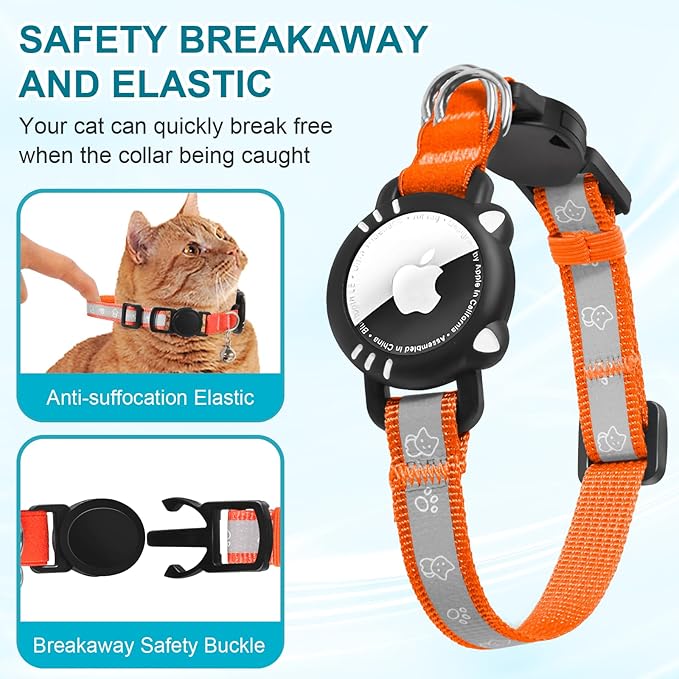 Airtag Cat Collar, Reflective Cat Collar with Apple Air Tag Holder, Breakaway GPS Tracker Pet Collar with Bell for Cat Kitten, Airtag Not Included, Orange, XS(7-9 Inch)