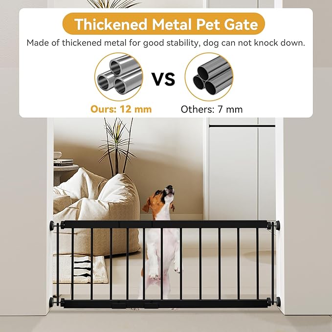 Dog Gate Indoor,18"-45" Adjustable Extra Wide Metal Short Dog Gate to Step Over, 10" Tall Small Pet Gate with 3 Extension Kits, Pressure Mounted for Doorways & Stairs Black