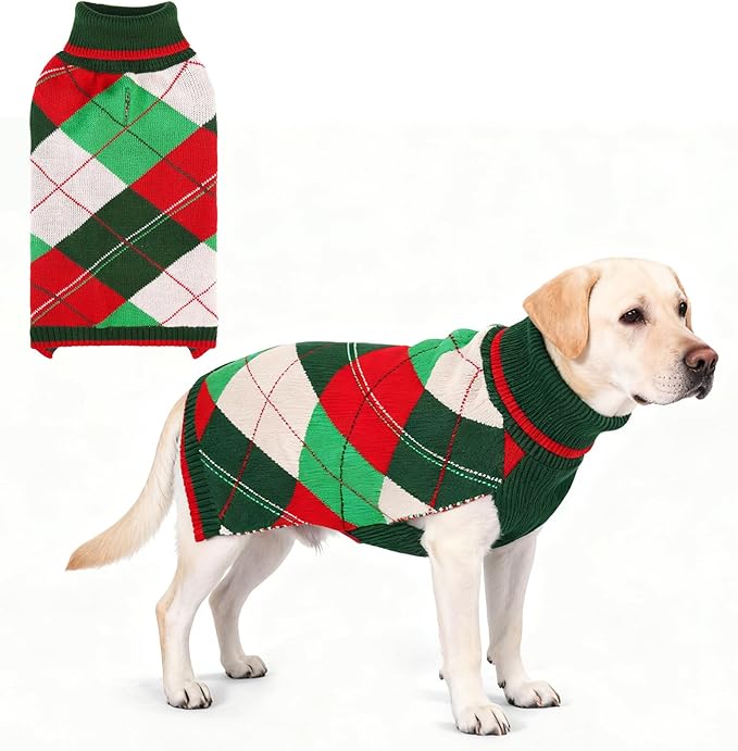KOOLTAIL Dog Christmas Sweater Pet Knitted Clothes - Classic Plaid Pull Over Turtleneck Dog Sweaters with Leash Hole Warm Dogs Winter Clothing for Small Medium Dogs Cats Puppy Boy Girl Red & Green ML