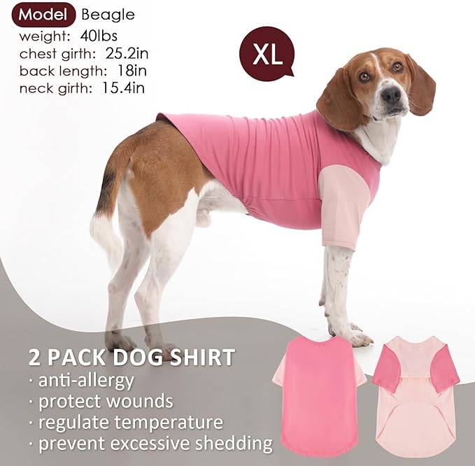 2 Pack Large Dog Shirts for Summer - Stretchy Breathable Cotton Dogs T-Shirt, Protect Skin Easy On and Off Clothes for French Bulldog, Pug, Daily Wear, Sleeping, Camping, Park, Travel, Pink