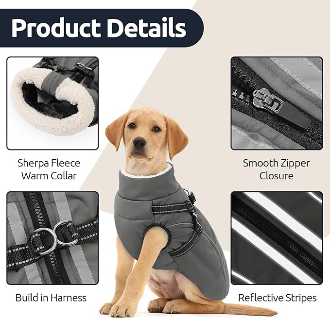 Dog Winter Coat with Harness Built in Warm Puffer Dog Jackets for Small Medium Large Dogs Windproof Waterproof Outfit with Plush Lining and Reflective Stripes (Grey, XL)