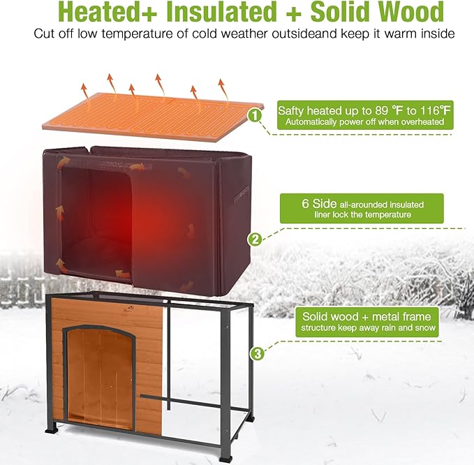 GUTINNEEN Heated Dog House Outdoor 43.3" Large Dog Kennel with Metal Frame Insulated Dog Crate Cage for Large Dogs Outside with Heater and Insulated Liner, Brown