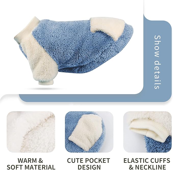 LESYPET Dog Sweater for Small to Medium Dogs, Fleece Lining Puppy Sweatshirt in Winter, Warm Puppy Clothes Pullover Jumper, Blue S