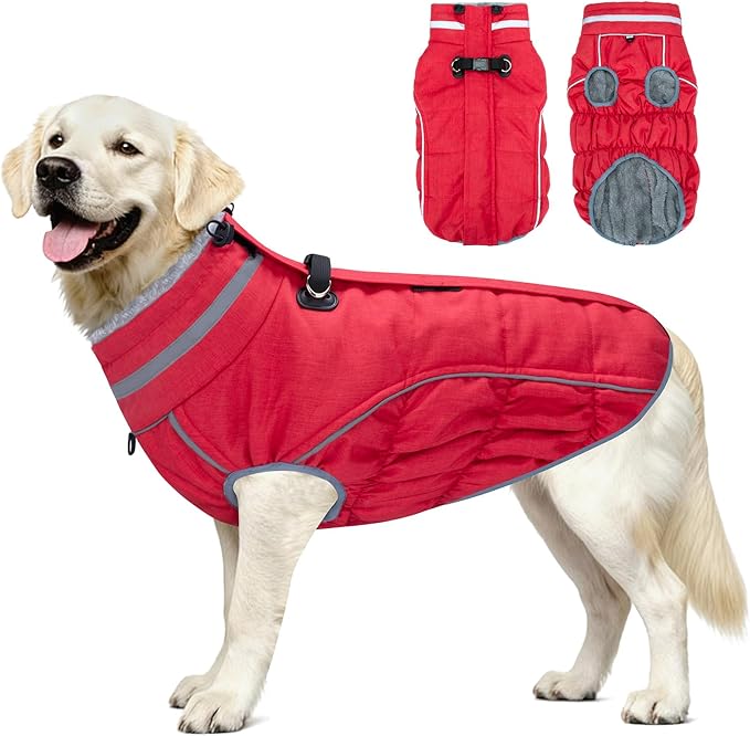 Malier Dog Coat, Reflective Dog Jacket Waterproof Windproof Puppy Cold Weather Coats with Harness Built in, Winter Extra Warm Pet Coat Fleece Vest for Small Large Pets and Puppy (Red, X-Small)