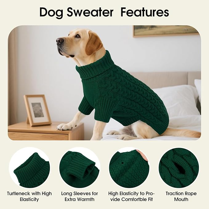 SAWMONG Dog Sweater, Dog Sweaters for Small Dogs Girls Boys, Pullover Turtleneck Knitted Doggy Sweatshirt, Cold Weather Pet Clothes（Green, X-Small