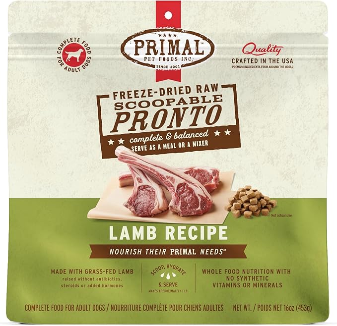 Primal Freeze Dried Dog Food, Pronto Mini Nuggets, Lamb; Scoop & Serve, Complete & Balanced Meal; Also Use as Topper or Treat; Premium, Healthy, Grain Free, High Protein Raw Dog Food (16 oz)