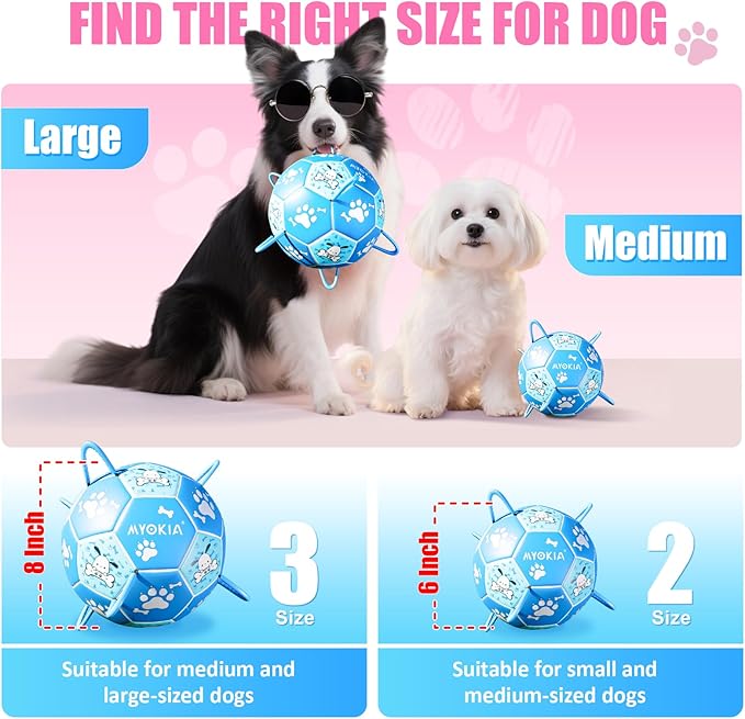 Size 2 Blue Dog Soccer Ball with Straps Eye-Catching Bone and Paw Print Design, Ultra-Durable Training Ball for Pets Interactive Outdoor Dog Toy, Perfect for Small to Medium Puppies