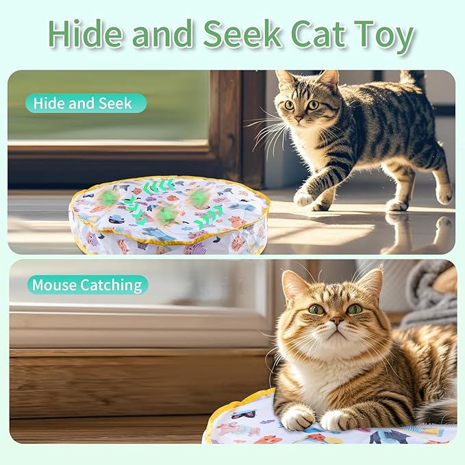 Interactive Cat Toys Fast Rolling Ball in Play Pouch, Motion Activate Chirping Cat Toy Hide and Seek Mouse Catching Game, 28 Inch Play Pouch