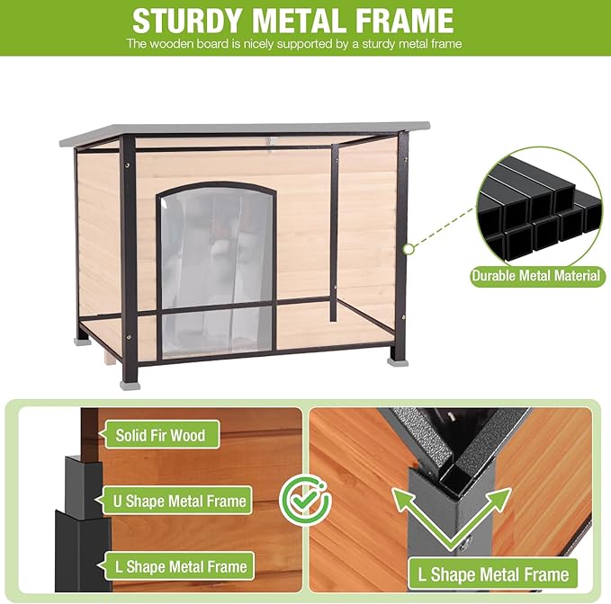 GUTINNEEN Large Outdoor Insulated Dog House Weatherproof Dog Kennel Indestructible Dog Shelter with Chew-Proof Full Metal Frame, Openable Roof for Small to Large Dog Breeds (33.5"L x 22"W x 25.2"H)