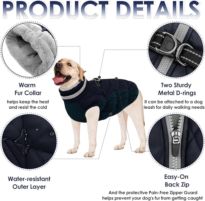AOFITEE Dog Coat, Warm Dog Jackets for Large Dogs, Reflective Turtleneck Dogs Winter Coat with Harness Built in, Waterproof Windproof Pet Snow Jacket Fleece Vest for Cold Weather, Navy XXL