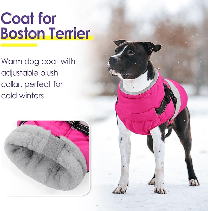 SUNFURA Dog Coat, XXL Dog Jacket Winter with Harness Built in, Waterproof Pet Snow Jacket with Furry Collar for Chilly Day, Reflective Fleece Snowsuit for Extra Large Dogs, Hot Pink 2XL