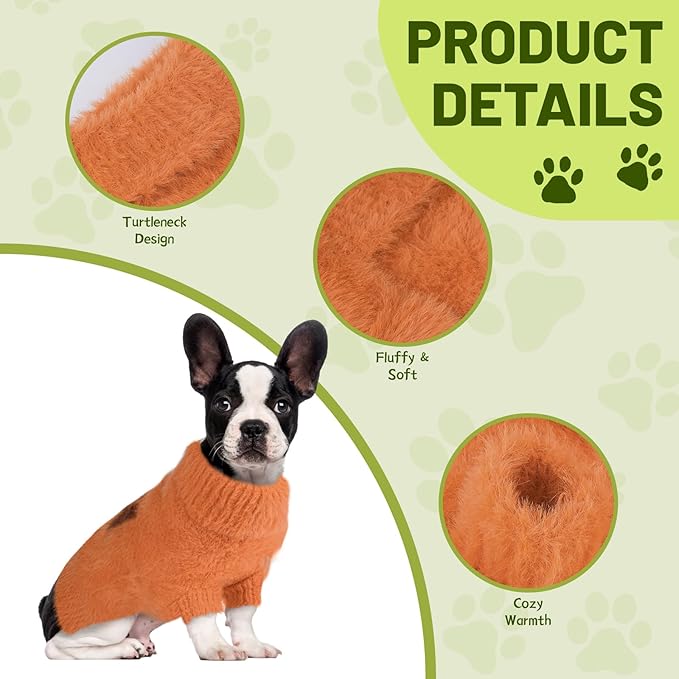 Small Dog Furry Pullover Sweater, Classic Turtleneck Dog Clothes for Cold Weather Cute Warm Pet Clothes for Chihuahua, Bulldog, Dachshund, Pug Orange X-Large