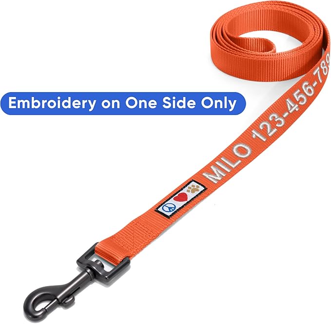Pawtitas Personalized Dog Leash - Embroidered Custom Leash with Pet Name & Phone Number, 6 ft Long, Extra Small, Orange