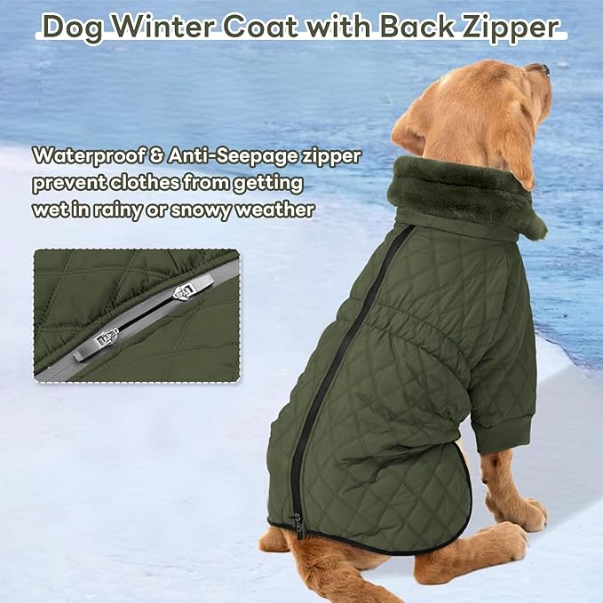 IDOMIK Dog Winter Coat for Large Dogs, Warm Dog Winter Jacket with Fleece High Collar, Zippered Cold Weather Coats for Dogs, Waterproof Doggy Snow Jacket Clothes,Green,2XL