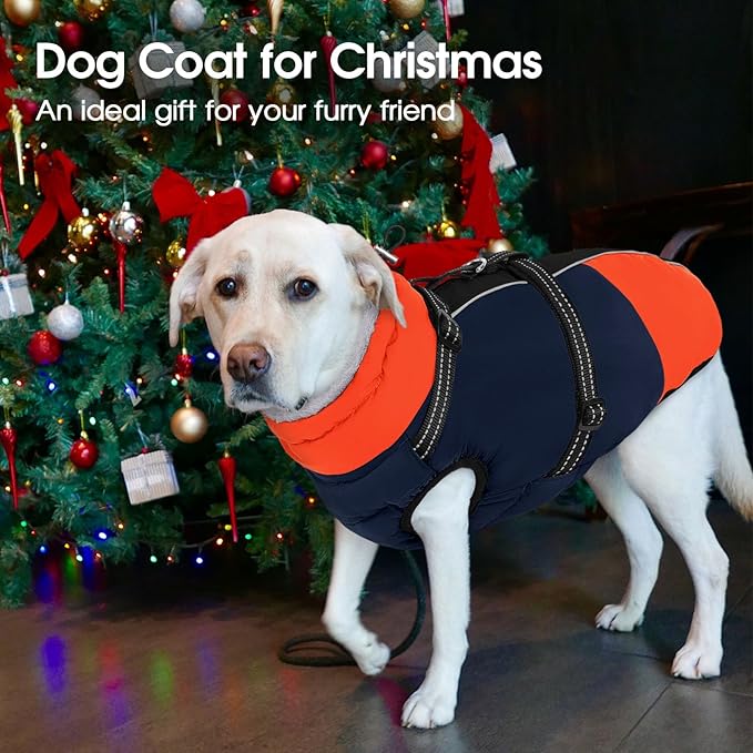 SUNFURA Dog Coat, Dog Jacket for Large Dogs with Harness Built in, Warm Pet Winter Coat Zip Up Snow Jacket with Furry Collar for Boston Terrier, French Bulldogs, Blue L
