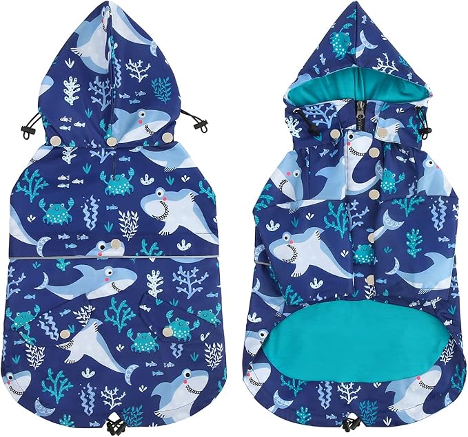 HDE Dog Raincoat Poncho Double Layer Zip Rain Jacket with Removable Hood, Leash Hole for Small to 3XL Dogs and Puppies Sharks - XL