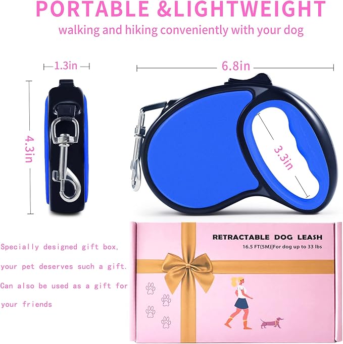 Retractable Dog Leash,[Strong Nylon Tape][One-Handed One Button Lock] for Small Medium Dogs and Cats,16ft Pet Walking Leash with 360°Tangle-Free Design,Anti-Slip Handle,Gift Package (Navy Blue)
