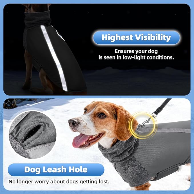 SlowTon Winter Dog Coat, Warm Polar Fleece Lining Doggie Outdoor Jacket with Turtleneck Scarf Reflective Stripe Adjustable Waterproof Windproof Puppy Vest Soft Pet Outfits (XXL,Grey)