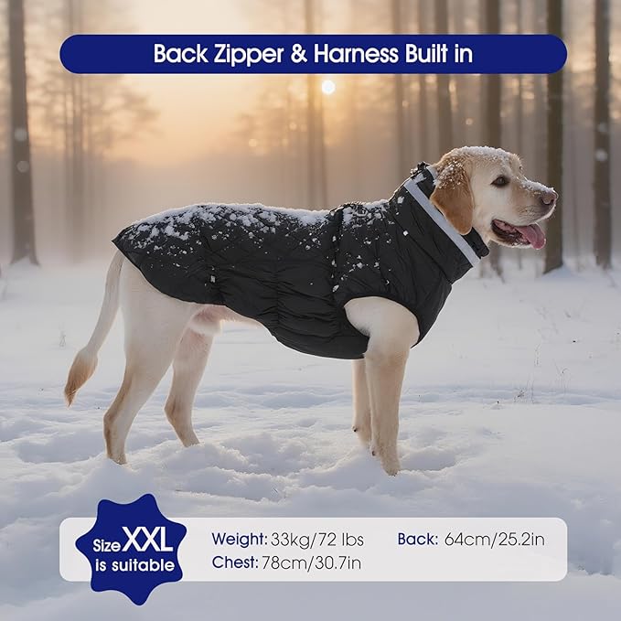 FUAMEY Dog Coat for Large Dogs,Waterproof Dog Winter Jacket with Harness Built in Puppy Cold Weather Coats Reflective Pet Vest with Zipper Warm Fleece Dogs Snowsuit Windproof Solid Black 2XL