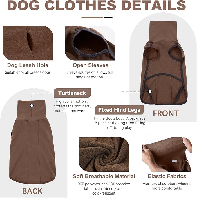 ROZKITCH Thick Dog Sweaters for Small Dogs Male, Pet Windproof Warm Cold Weather Jacket Vest Cozy Jumpsuit Apparel Outfit Clothes for Walking Hiking Travel Sleep Brown S