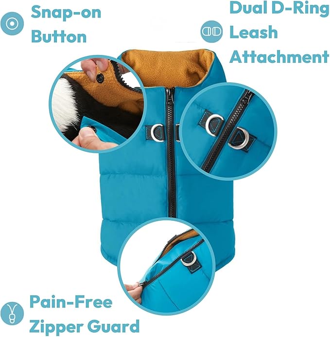 Gooby Padded Vest Dog Jacket - Solid Blue, Medium - Warm Zip Up Vest Fleece Jacket with Dual D Ring Leash Water Resistant for Small to Medium Dogs