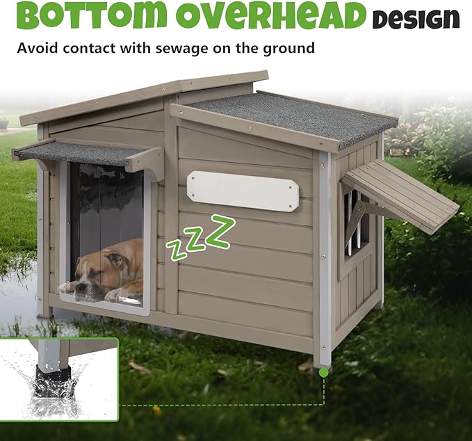 Large Outdoor Wooden Dog House, Weatherproof Dog Houses with Adjustable Vent Windows, Alloy Chew-Resistant Frame, Removable Floor for Medium & Large Dogs, (34" L x 22" W x 25.9" H)